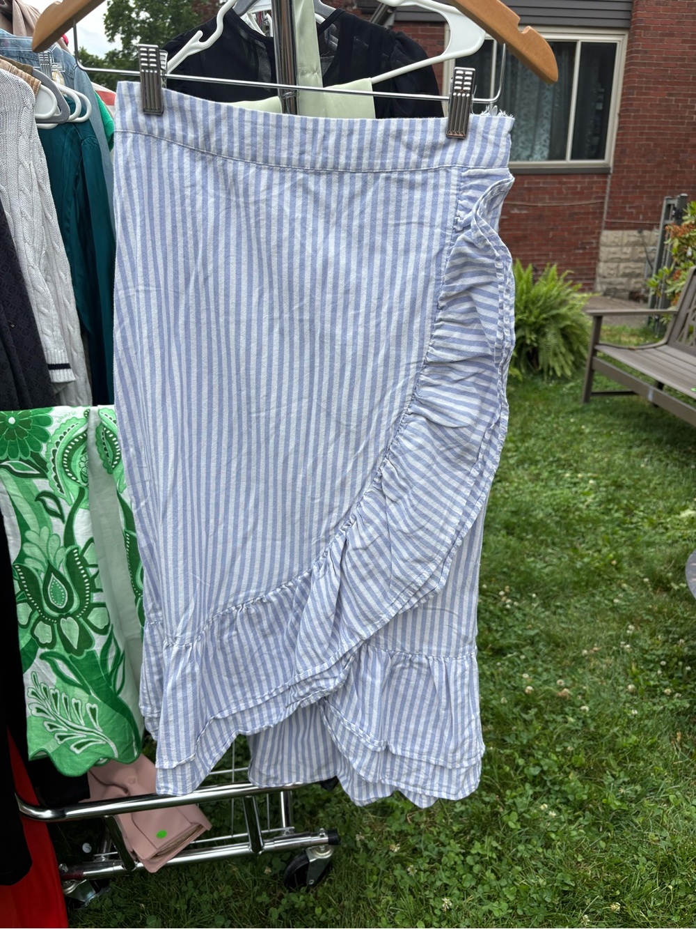 GAP Light Blue and White Striped Ruffle Midi Skirt
